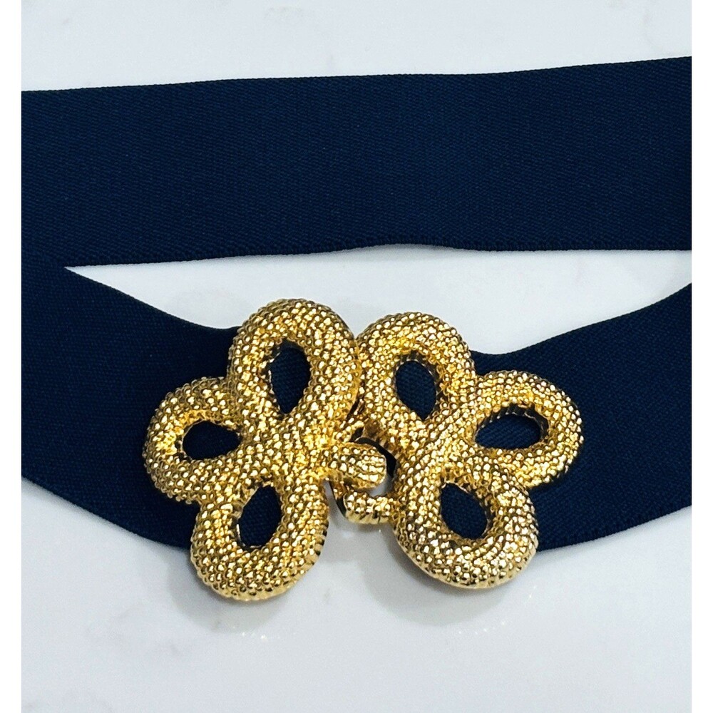 Vintage 80s 90s Gold Tone Statement Belt Wide Blue Stretch 27" - 32"